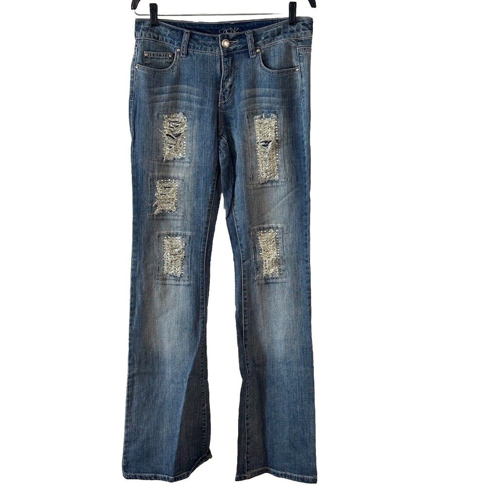 Vintage Cache Y2K Studded Distressed Boot Cut Jeans Light Wash Patchwork Size 4*